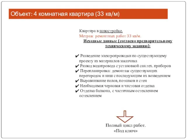 Объект: 4 комнатная квартира (33 кв/м) Квартира в новостройке. Метраж ремонтных работ