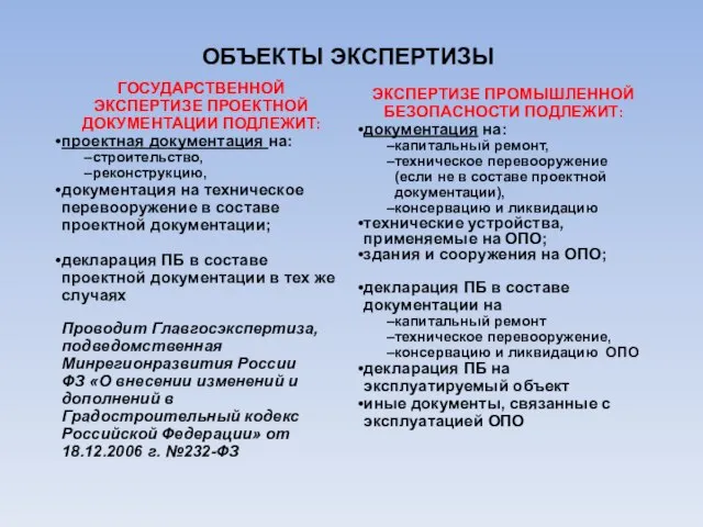 ОБЪЕКТЫ ЭКСПЕРТИЗЫ ГОСУДАРСТВЕННОЙ ЭКСПЕРТИЗЕ ПРОЕКТНОЙ ДОКУМЕНТАЦИИ ПОДЛЕЖИТ: проектная документация на: строительство, реконструкцию,