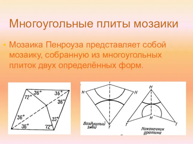 Многоугольные плиты мозаики Мозаика Пенроуза представляет собой мозаику, собранную из многоугольных плиток двух определённых форм.