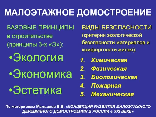 МАЛОЭТАЖНОЕ ДОМОСТРОЕНИЕ БАЗОВЫЕ ПРИНЦИПЫ в строительстве (принципы 3-х «Э»): Экология Экономика Эстетика