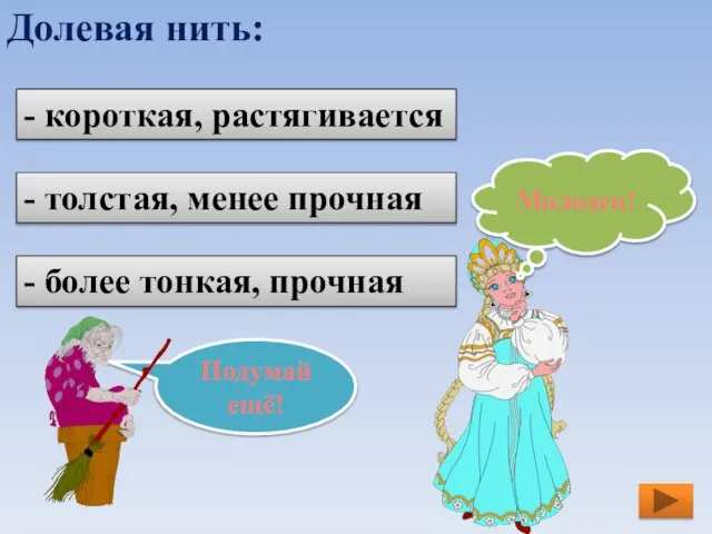 Долевая нить: - более тонкая, прочная - толстая, менее прочная - короткая, растягивается