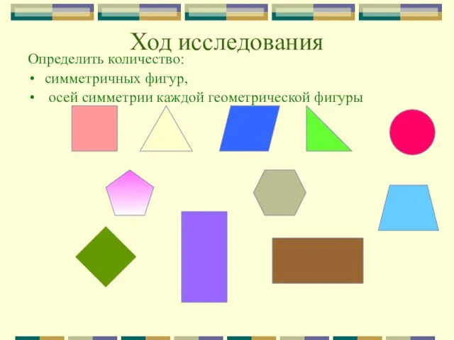 Ход исследования Определить количество: симметричных фигур, осей симметрии каждой геометрической фигуры