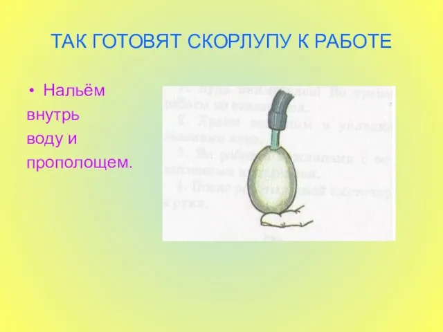 ТАК ГОТОВЯТ СКОРЛУПУ К РАБОТЕ Нальём внутрь воду и прополощем.