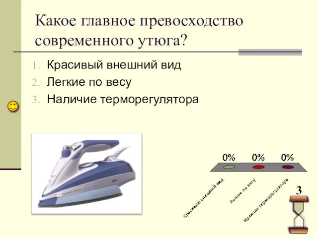 Какое главное превосходство современного утюга? Красивый внешний вид Легкие по весу Наличие терморегулятора