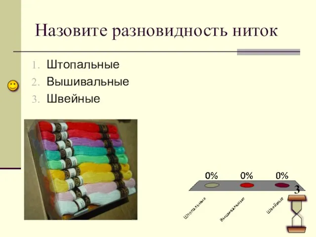 Назовите разновидность ниток Штопальные Вышивальные Швейные