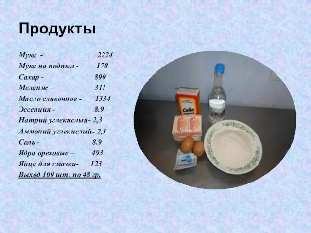 Продукты Мука - 2224 Мука на подпыл - 178 Сахар - 890