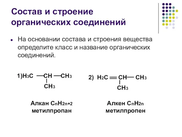 Состав и строение органических соединений На основании состава и строения вещества определите