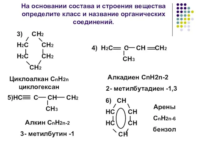 На основании состава и строения вещества определите класс и название органических соединений.