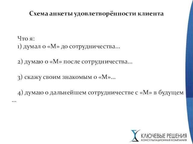 Схема анкеты удовлетворённости клиента Что я: 1) думал о «М» до сотрудничества…