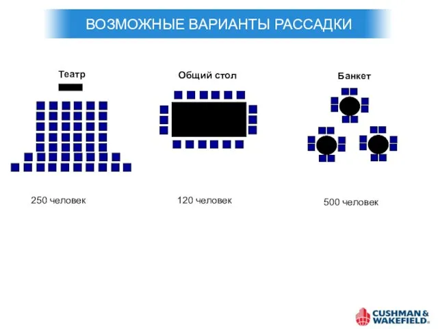 ВОЗМОЖНЫЕ ВАРИАНТЫ РАССАДКИ Театр Общий стол Банкет 250 человек 120 человек 500 человек