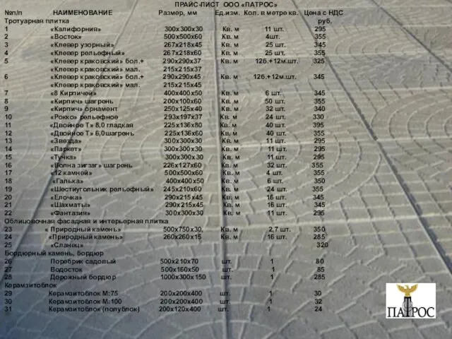 ПРАЙС-ЛИСТ ООО «ПАТРОС» №п/п НАИМЕНОВАНИЕ Размер, мм Ед.изм. Кол. в метре кв.