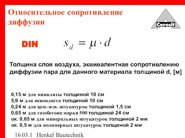 03.12.03 Henkel Bautechnik Относительное сопротивление диффузии DIN Толщина слоя воздуха, эквивалентная сопротивлению