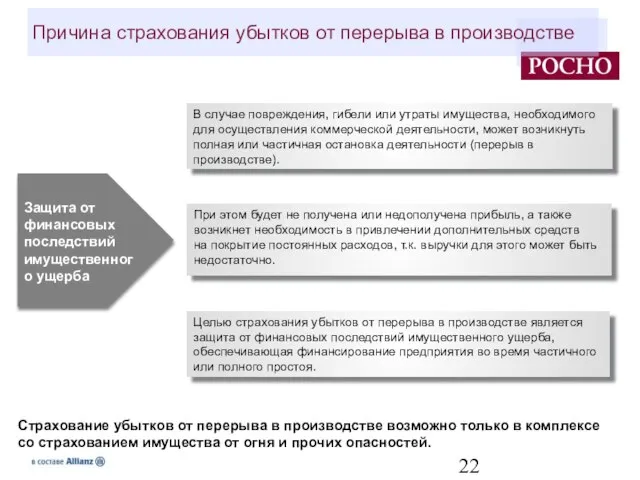 Причина страхования убытков от перерыва в производстве В случае повреждения, гибели или