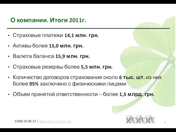 О компании. Итоги 2011г. Страховые платежи 14,1 млн. грн. Активы более 15,0