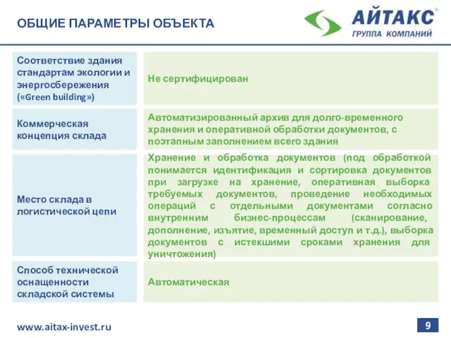 9 www.aitax-invest.ru Соответствие здания стандартам экологии и энергосбережения («Green building») Не сертифицирован