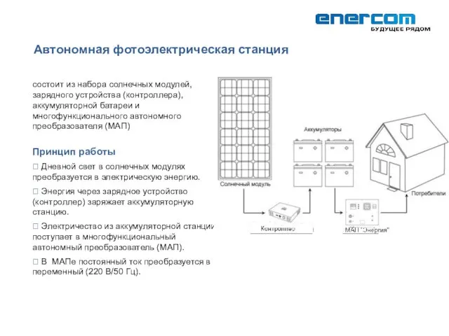 Автономная фотоэлектрическая станция состоит из набора солнечных модулей, зарядного устройства (контроллера), аккумуляторной