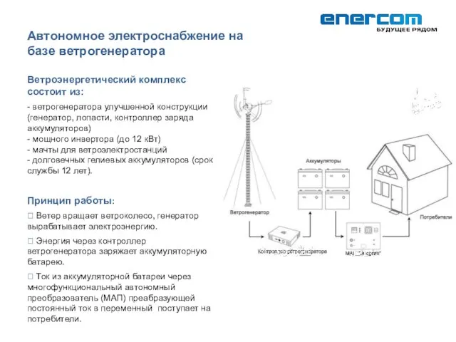 Автономное электроснабжение на базе ветрогенератора Ветроэнергетический комплекс состоит из: - ветрогенератора улучшенной