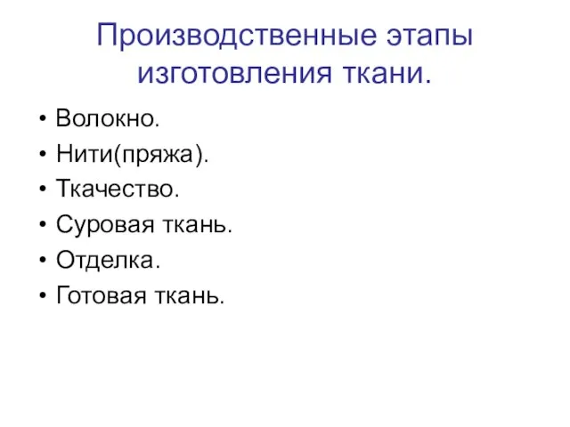 Производственные этапы изготовления ткани. Волокно. Нити(пряжа). Ткачество. Суровая ткань. Отделка. Готовая ткань.