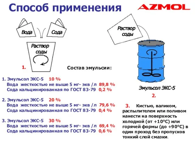 Способ применения Состав эмульсии: 1. Эмульсол ЭКС-5 10 % Вода жесткостью не