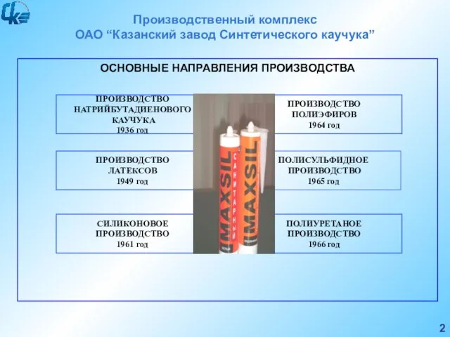 Производственный комплекс ОАО “Казанский завод Синтетического каучука” ОСНОВНЫЕ НАПРАВЛЕНИЯ ПРОИЗВОДСТВА ПОЛИСУЛЬФИДНОЕ ПРОИЗВОДСТВО