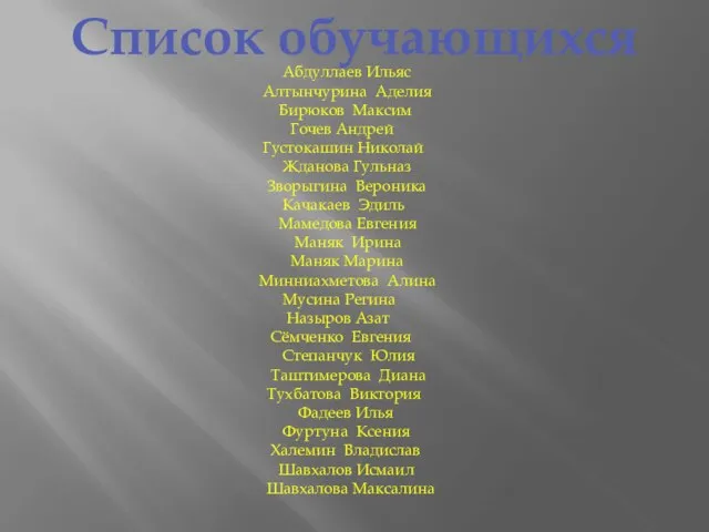 Список обучающихся Абдуллаев Ильяс Алтынчурина Аделия Бирюков Максим Гочев Андрей Густокашин Николай