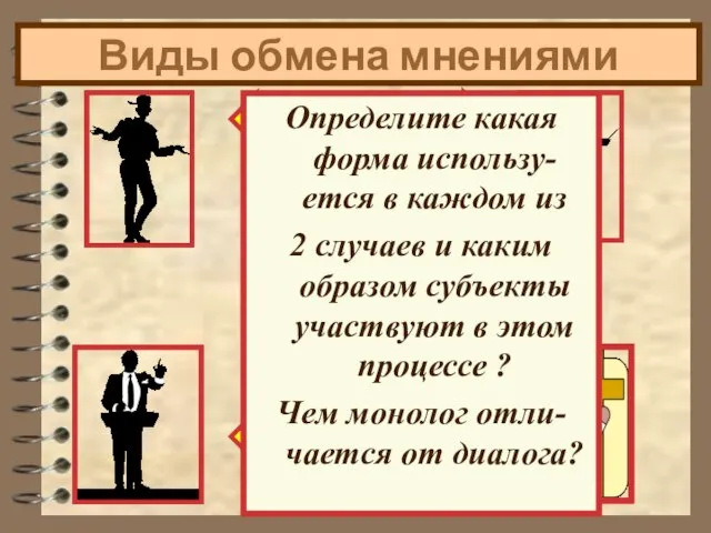 Виды обмена мнениями Смысл жизни? ! Определите какая форма использу-ется в каждом