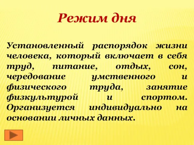 Режим дня Установленный распорядок жизни человека, который включает в себя труд, питание,