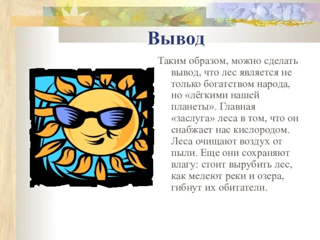 Вывод Таким образом, можно сделать вывод, что лес является не только богатством