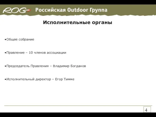 Исполнительные органы Общее собрание Правление – 10 членов ассоциации Председатель Правления –