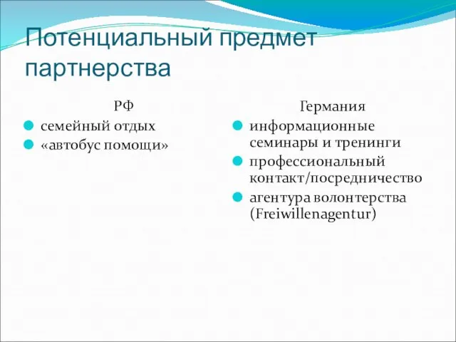 Потенциальный предмет партнерства РФ семейный отдых «автобус помощи» Германия информационные семинары и