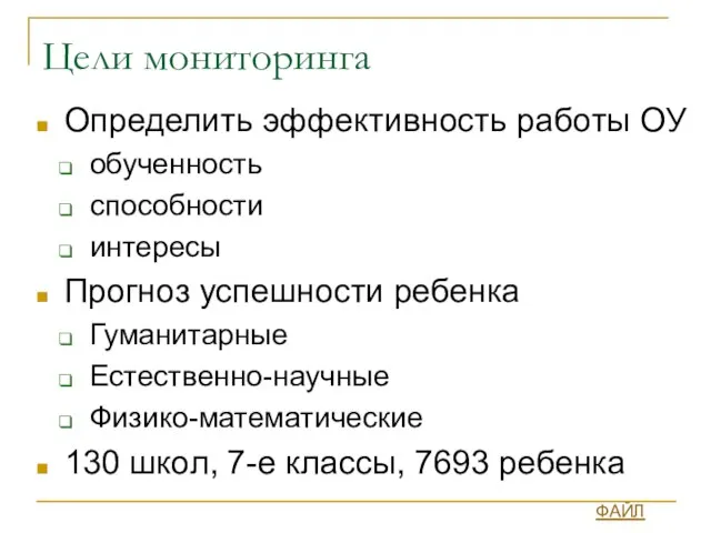 Цели мониторинга Определить эффективность работы ОУ обученность cпособности интересы Прогноз успешности ребенка