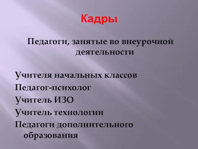 Кадры Педагоги, занятые во внеурочной деятельности Учителя начальных классов Педагог-психолог Учитель ИЗО