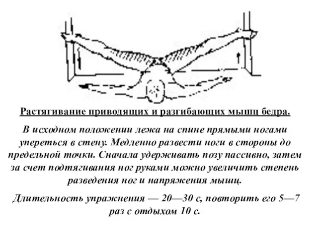 Растягивание приводящих и разгибающих мышц бедра. В исходном положении лежа на спине