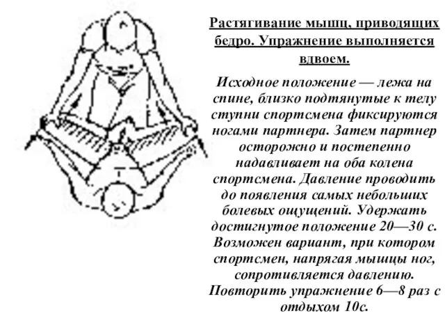 Растягивание мышц, приводящих бедро. Упражнение выполняется вдвоем. Исходное положение — лежа на