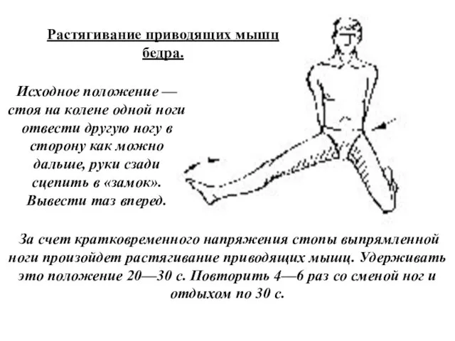 Растягивание приводящих мышц бедра. Исходное положение — стоя на колене одной ноги