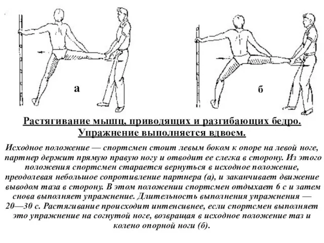 Растягивание мышц, приводящих и разгибающих бедро. Упражнение выполняется вдвоем. Исходное положение —