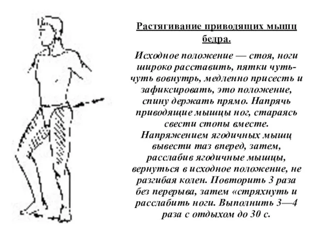 Растягивание приводящих мышц бедра. Исходное положение — стоя, ноги широко расставить, пятки