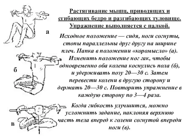 Растягивание мышц, приводящих и сгибающих бедро и разгибающих туловище. Упражнение выполняется с