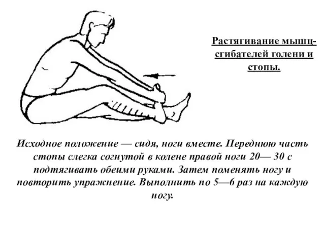 Растягивание мышц-сгибателей голени и стопы. Исходное положение — сидя, ноги вместе. Переднюю