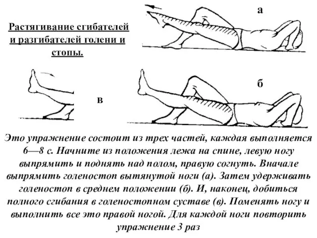 Растягивание сгибателей и разгибателей голени и стопы. Это упражнение состоит из трех