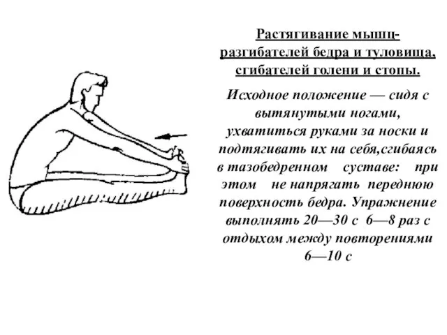 Растягивание мышц-разгибателей бедра и туловища, сгибателей голени и стопы. Исходное положение —