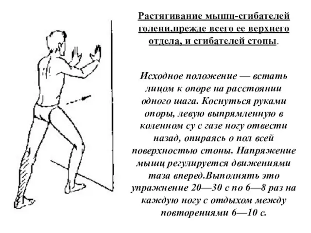 Растягивание мышц-сгибателей голени,прежде всего ее верхнего отдела, и сгибателей стопы. Исходное положение