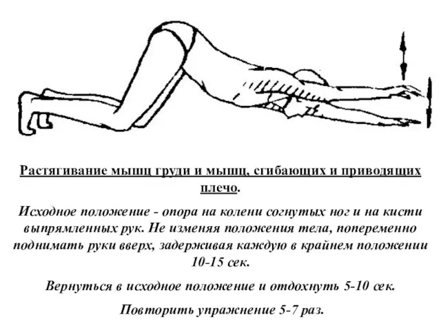 Растягивание мышц груди и мышц, сгибающих и приводящих плечо. Исходное положение -