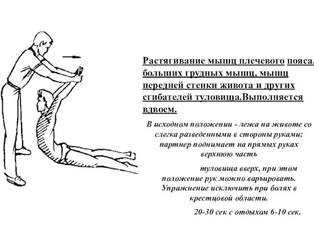 Растягивание мышц плечевого пояса, больших грудных мышц, мышц передней стенки живота и