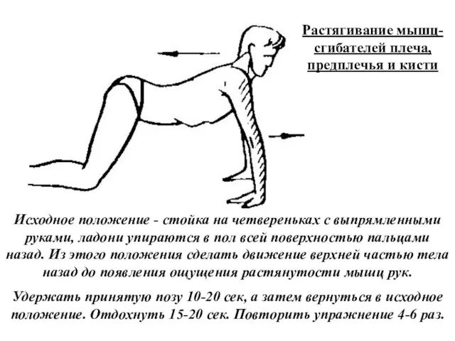 Растягивание мышц-сгибателей плеча, предплечья и кисти Исходное положение - стойка на четвереньках