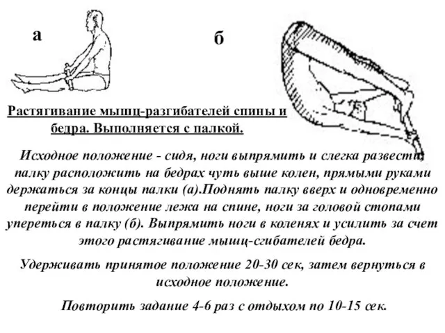 Исходное положение - сидя, ноги выпрямить и слегка развести; палку расположить на