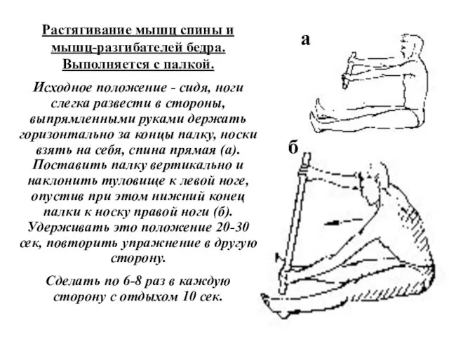 Растягивание мышц спины и мышц-разгибателей бедра. Выполняется с палкой. Исходное положение -