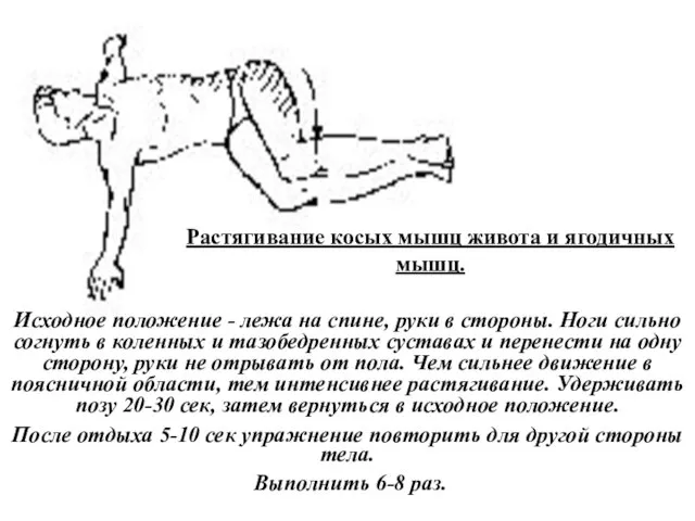 Растягивание косых мышц живота и ягодичных мышц. Исходное положение - лежа на