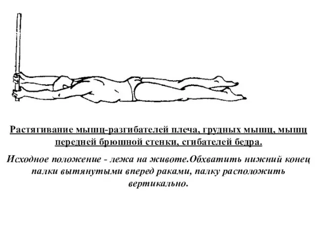 Растягивание мышц-разгибателей плеча, грудных мышц, мышц передней брюшной стенки, сгибателей бедра. Исходное