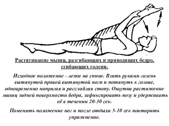 Растягивание мышц, разгибающих и приводящих бедро, сгибающих голени. Исходное положение - лежа